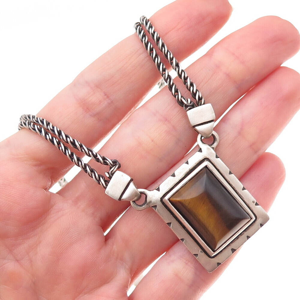 Lisa Jenks 925 Sterling Silver Vintage Real Tiger Eye Modernist Necklace 16"